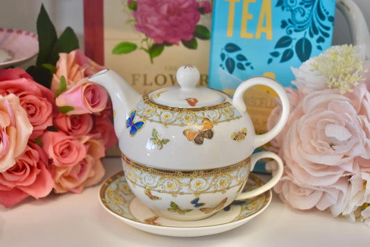 Tea For One. Floral Garland Meadow Monarch Butterflies Teapot and Teacup