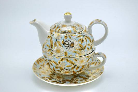 Tea For One. Daisies. Aqua, Gold, Yellow. Bohemian Garden Teapot and Teacup