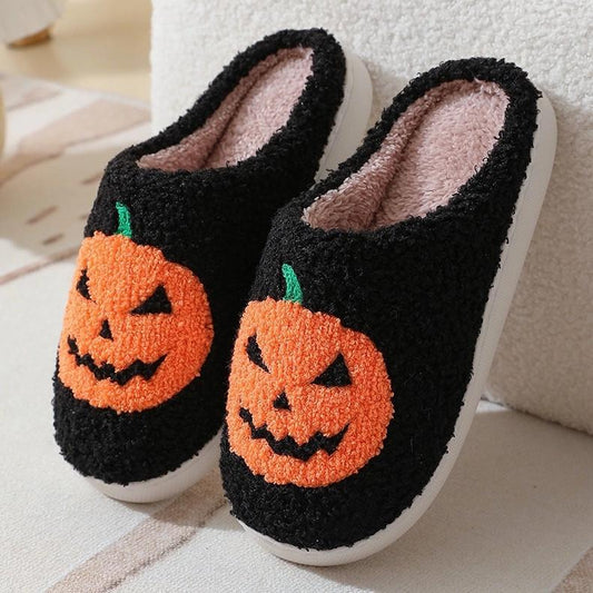 Halloween Pumpkin Jack O Lantern Slippers - Black