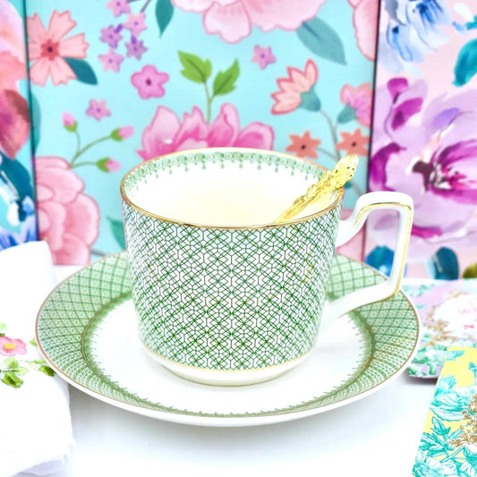 Mosaic Green and White Cup and Saucer