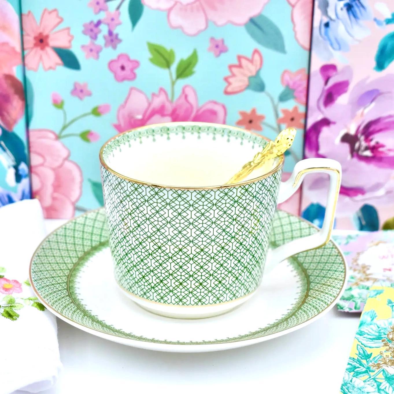 Mosaic Green and White Cup and Saucer