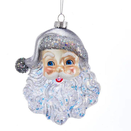 5"Glass Santa Face W/Silver Glitter Ornament