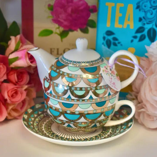 Tea For One Gift Set. Gold Teal and Emerald Geometric Teapot and Teacup