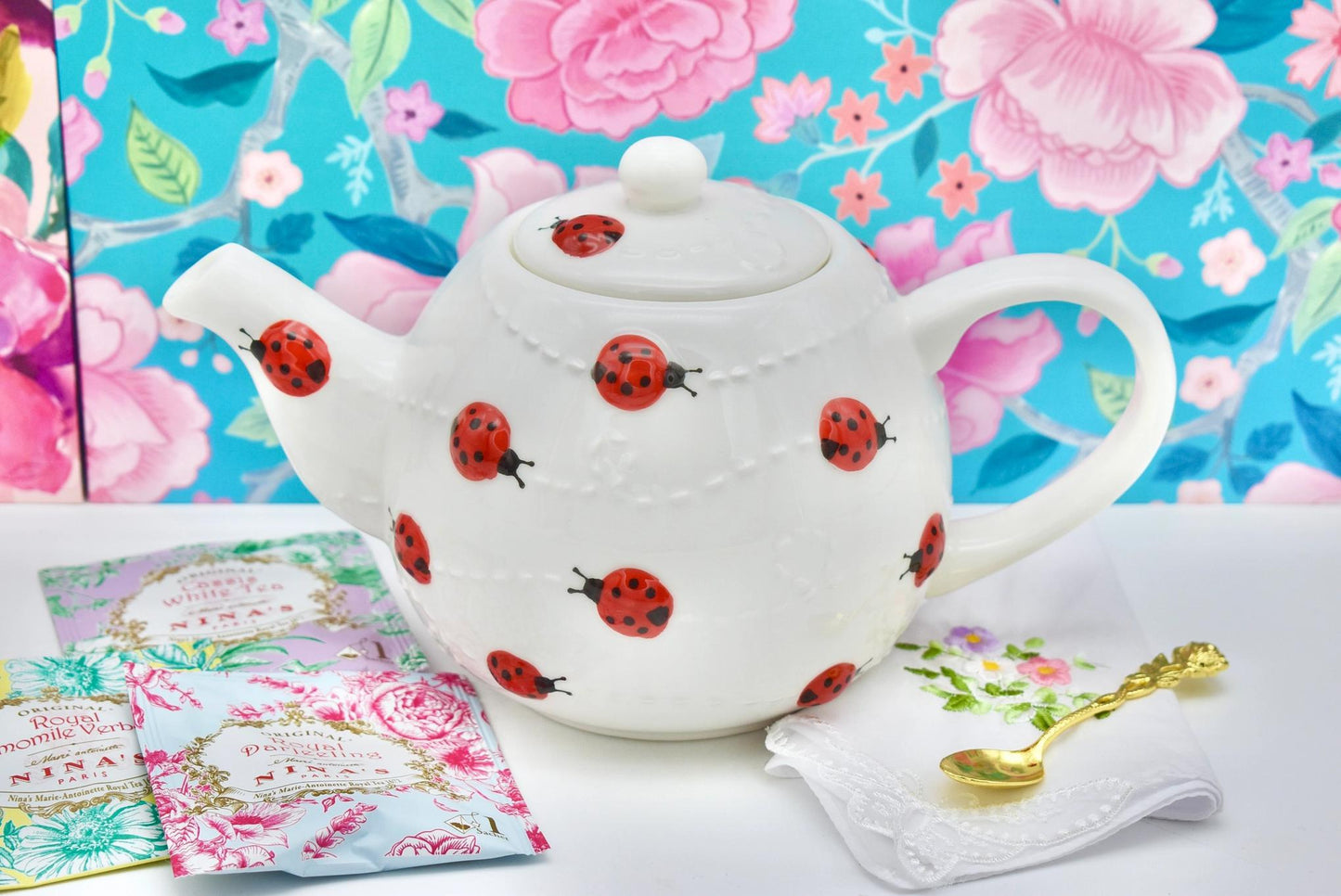 Teapot Farmers Market Strawberry Lady Bug Floral Garden