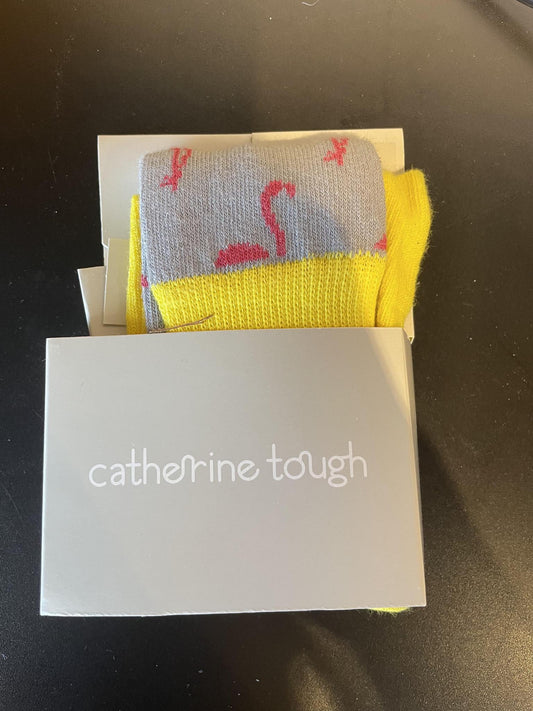 Catherine Tough Yellow Gray Pink Flamingo Socks